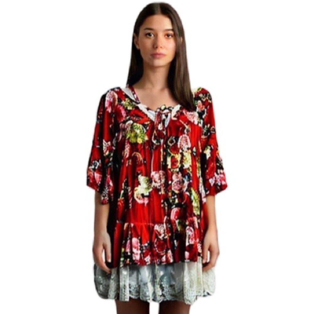Umgee Floral Boho Top Size Large Blouse Cottagecore Lace Hem Flowy Women’s Top - Picture 3 of 16